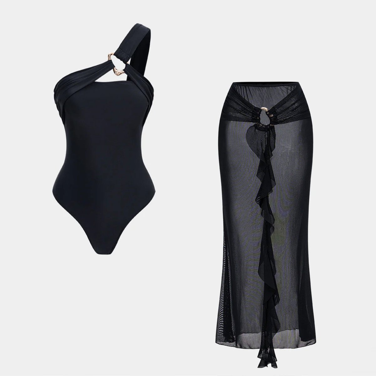 Midnight Luxe Black Swimsuit Set with matching black cover-up front view