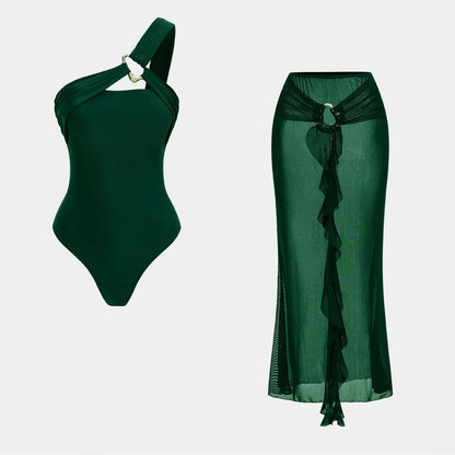 Midnight Luxe Green Swimsuit Set with matching green cover-up front view