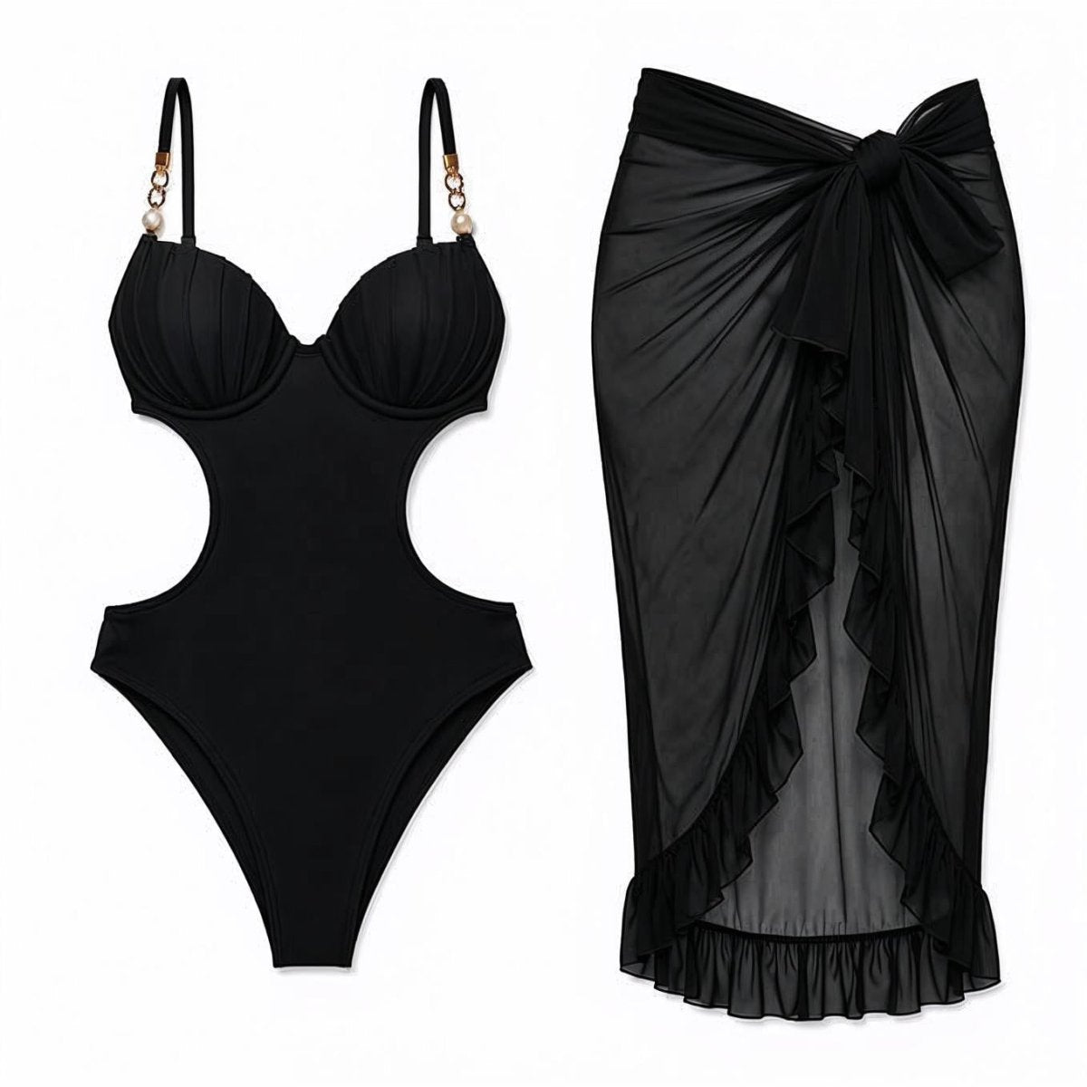 Scarlet Shell Black Swim Set with matching black cover-up
