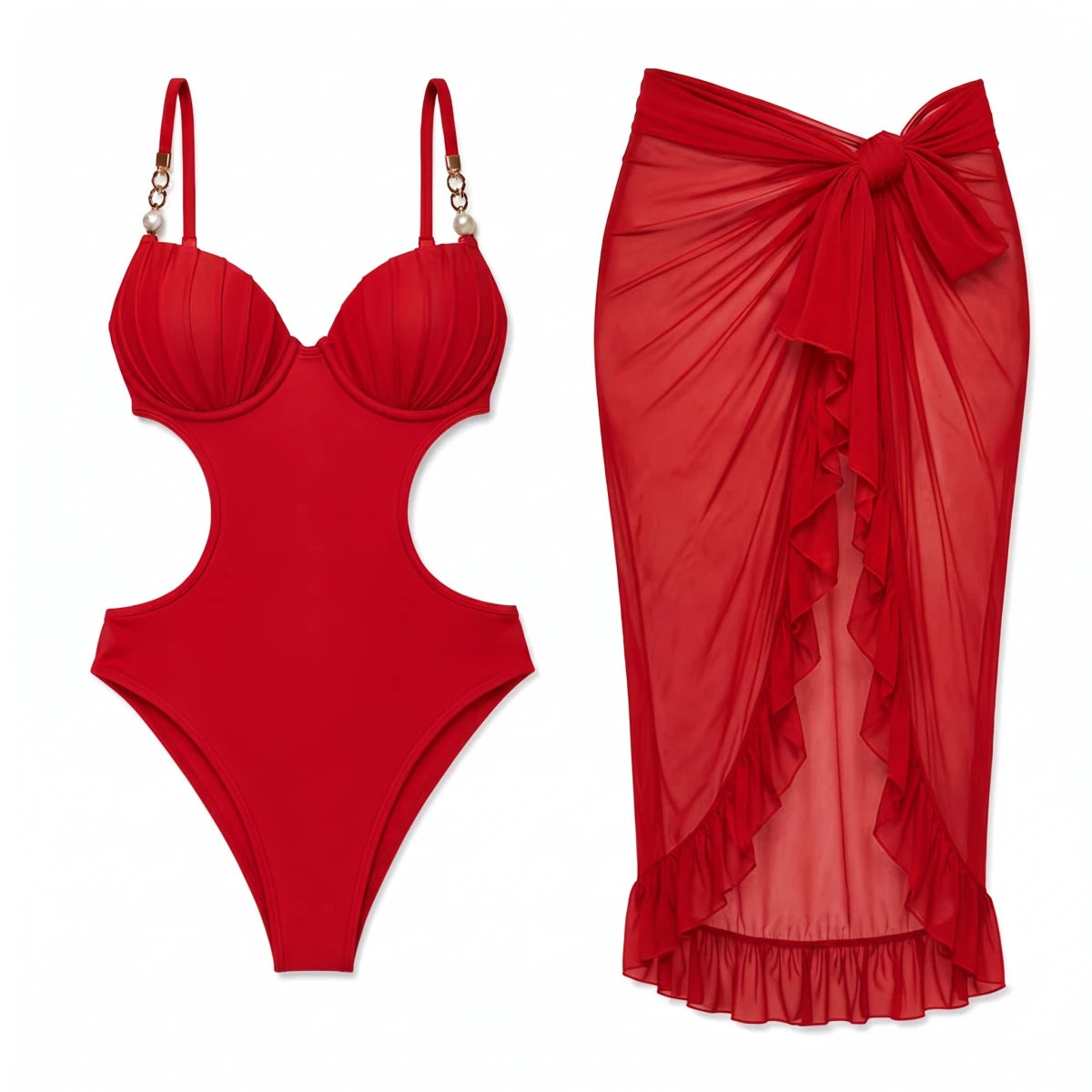 Scarlet Shell Red Swim Set with matching red cover-up